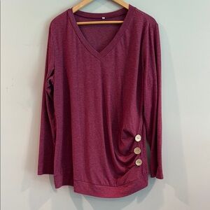 Women's Burgundy V-Neck Top with Button Detail